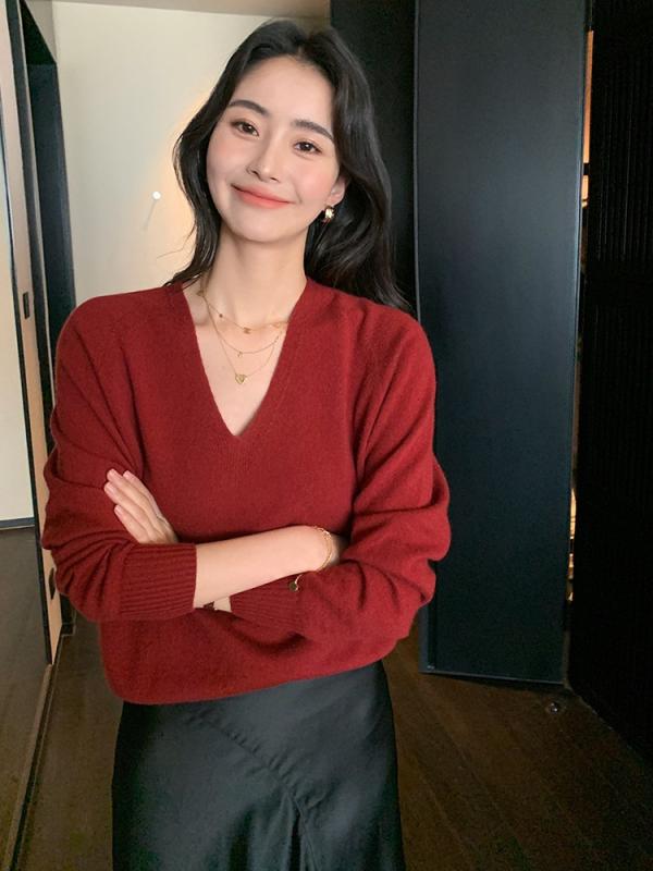 ニット レディース セーター Vネック プルオーバー ゆったり 長袖 秋冬 トップス 婦人服 ミルクホワイト ベージュ パープル ワインレッド ブラック｜ブリルビ
