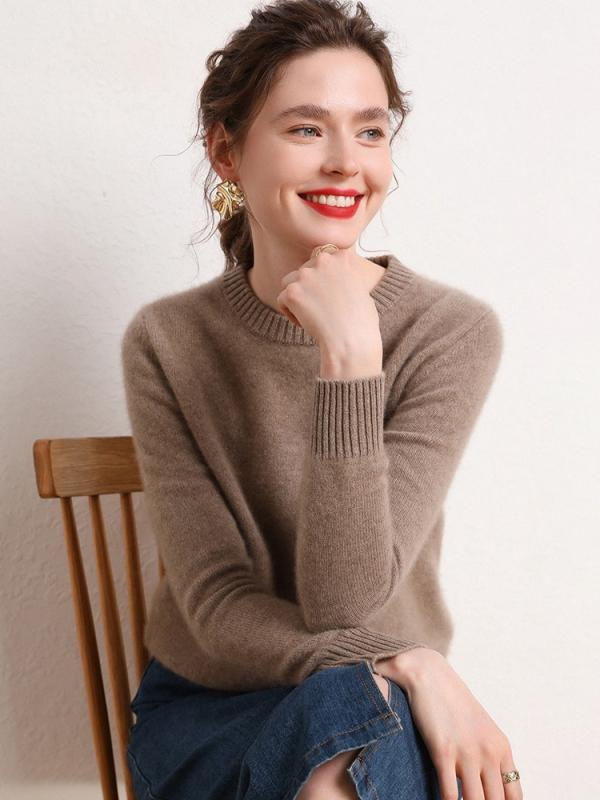 ニット レディース 秋冬 セーター ラウンドネック 厚手 ゆったり 婦人 インナー トップス 白 杏色 ベージュ ピンク 赤 黒｜ブリルビ