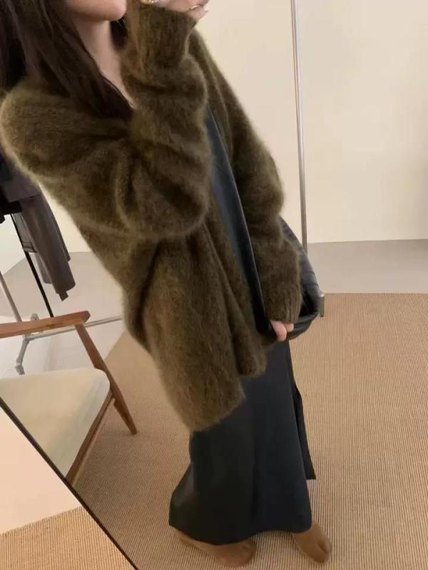 ジレー レディース  編み物 V素っ首 長袖 花式紡糸 秋冬 伸び伸びする ゆったり 生あたたかい 赤銅色系 緑であること系