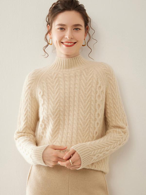 編み物 レディース 秋冬 混 プルオーバー 朦々たる ハイネック ティーシャツ 有線テレビ編み ゆったり 落っこちる肩先 トップス 黒いこと サクラ色系 象牙色 トップス-レディースファッション