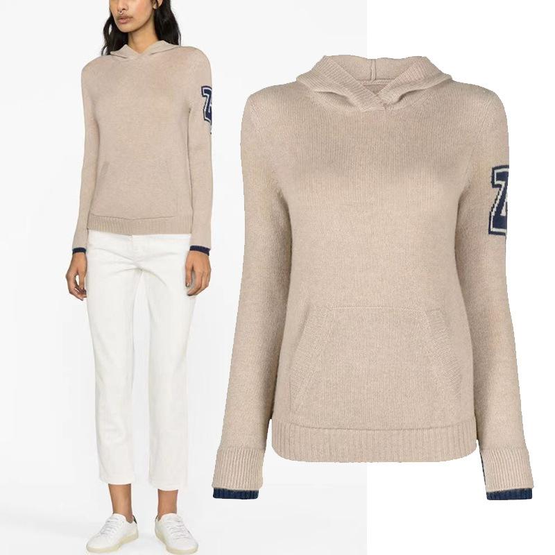 ニット レディース ZV袖 字母 ジャカード パーカー プルオーバー カーキ 秋冬 ストリート
