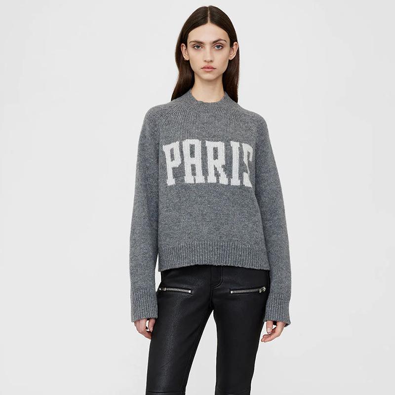 ニット レディース 23AW 秋冬 小柄 AB PARIS アルファベット柄 提花 クルーネック 長袖 トップス グレー