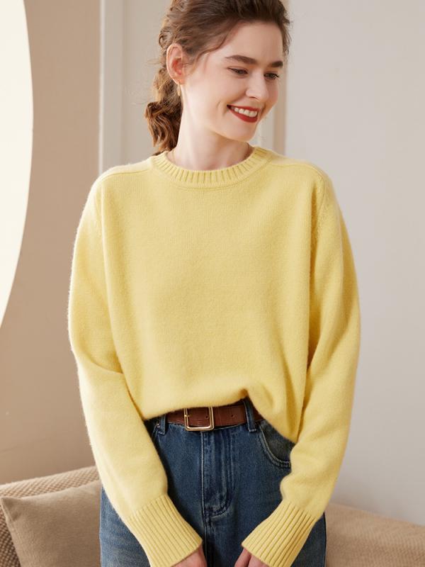 ニット レディース セーター 厚手 ラウンドネック プルオーバー ゆったり トップス 秋冬 あったか 通勤 オフィス カジュアル きれいめ かわいい 白 黄色 赤｜ブリルビ