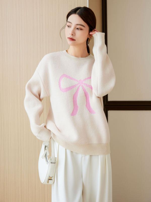 ニット レディース 蝶結び柄 プルオーバー 秋冬 ラウンドネック セーター ゆったり 婦人服 トップス かわいい 乳白 ピンク系 グレー レッド ブラック オレンジ ホワイト 長袖 普段使い(x2)