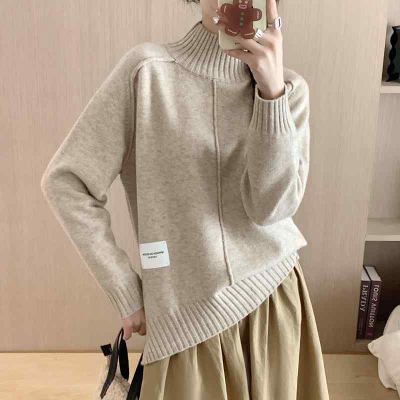 ニット レディース 秋冬 半高ネック チュニック丈 ゆったり 厚手 あったか 暖かい 長袖 トップス プルオーバー セーター カジュアル かわいい おしゃれ きれいめ ベージュ ブラウン グレー