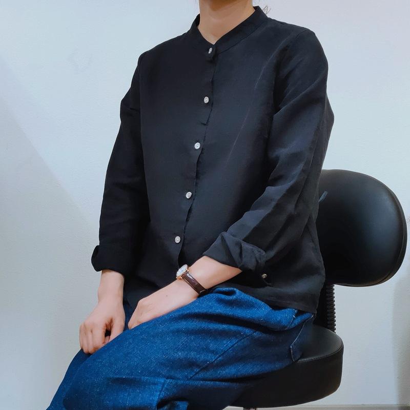 シャツ レディース 亜麻 リネン 麻 混紡 長袖 カジュアル トップス 立襟 水洗い M L 黒 白 桃色 パステルグリーン ミルクティー ベージュ ローズパープル レモンイエロー 焦げ茶色 日韓スタイル(x2)