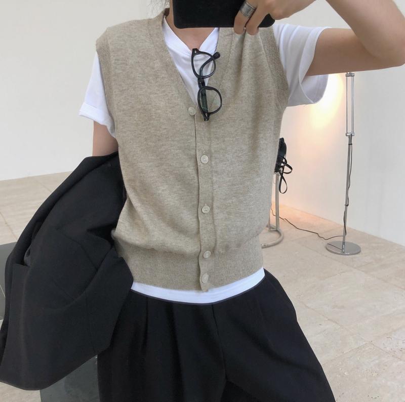 ニット レディース Vネック カーディガン ベスト ゆったり チュニック トップス ノースリーブ プルオーバー かわいい 韓国 カジュアル ブラック 天ブルー 燕麦色 オリーブグリーン