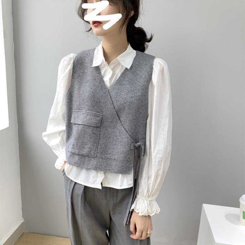 ベスト レディース 秋物 レトロ かわいい ノースリーブ トップス ショート丈 Vネック ゆったり ホワイト グレー パープル レッド ブラック(x2)
