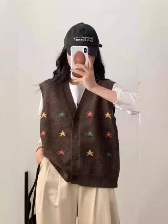 ニット ベスト レディース Vネック カーディガン ゆったり 秋冬 トップス 婦人服 コーヒー色 星柄 日韓 カジュアル(x5)