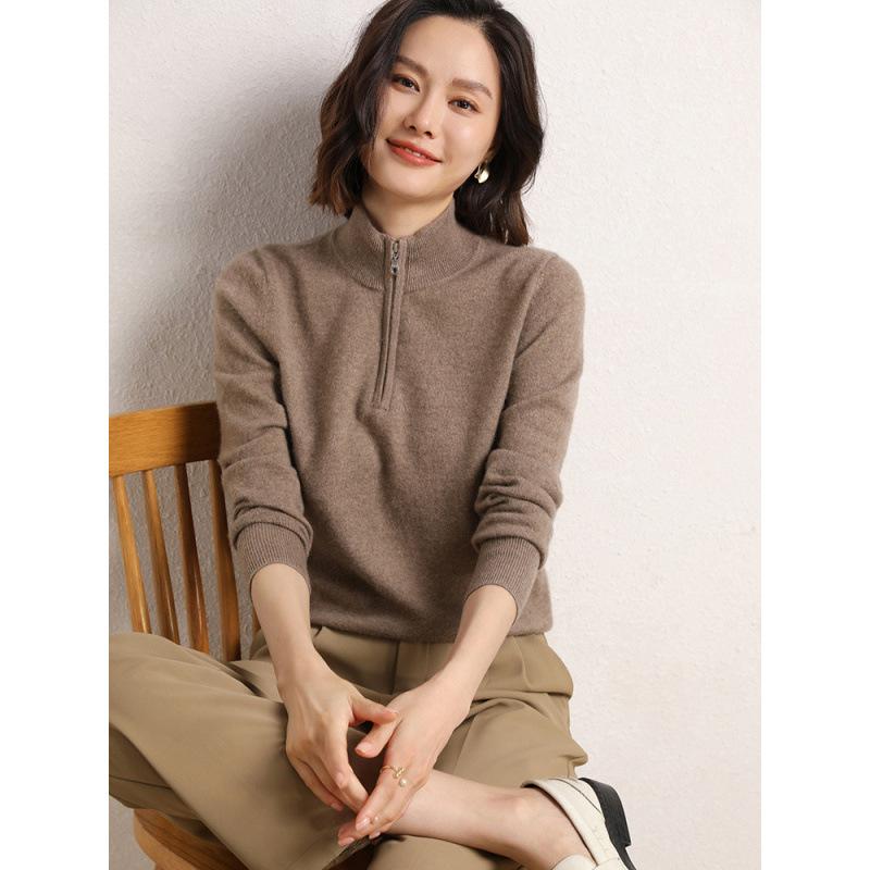 編み物 レディース 秋冬  プルオーバー ティーシャツ 長袖 朦々たる ゆったり トップス ハーフジップ 無地 通い 青 紫 ベージュ(x2) セーター-トップス-ニット・セーター