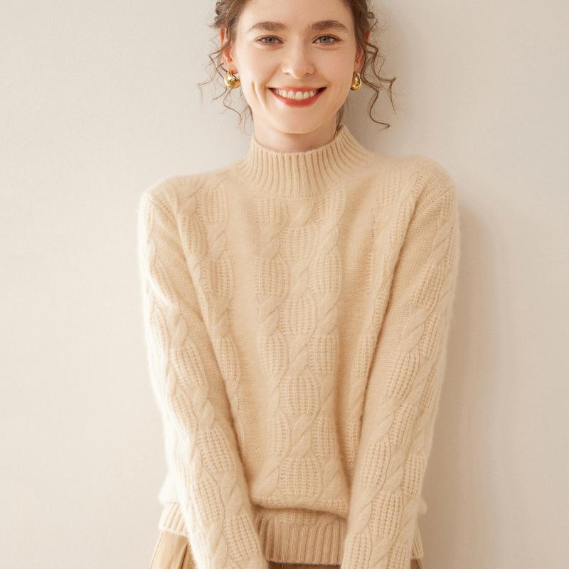 ニット レディース 厚手 ジャカード編み ハーフハイネック プルオーバー 長袖 トップス 羊毛 混紡 ゆったり セーター 秋冬 かわいい オフホワイト カーキ グレー パープル