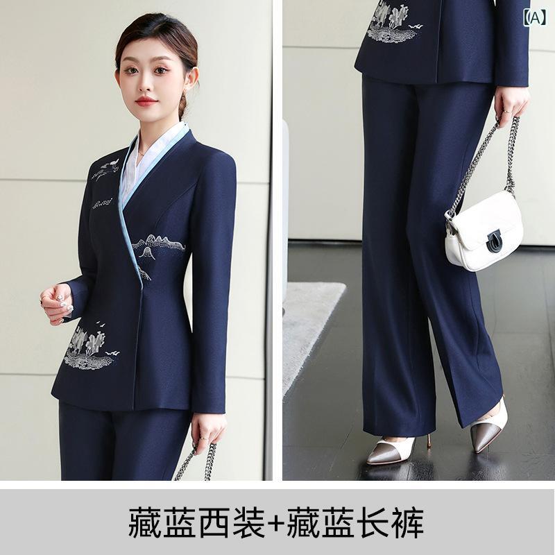 スーツ レディース フォーマル ポリエステル 事務服 制服 面接 卒業式 入学式 長袖 ズボン 2点セット ネイビー レッド