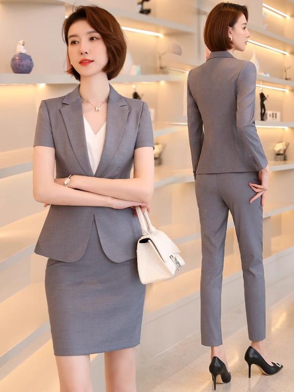スーツ レディース 半袖 ジャケット パンツ スカート セットアップ ポリエステル 粘・屬繊維 3点セット 4点セット オフィス フォーマル 通勤 事務服 OL 制服 面接 リクルート グレー ブラック