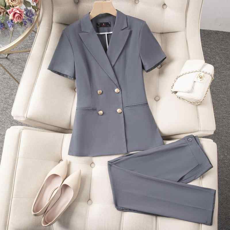 スーツ レディース 大学生 面接用 半袖 9分丈パンツorスカート セットアップ ポリエステル 仕事着 事務服 オフィスタイル グレー 紺色 黒 S M L XL XXL XXXL 4XL