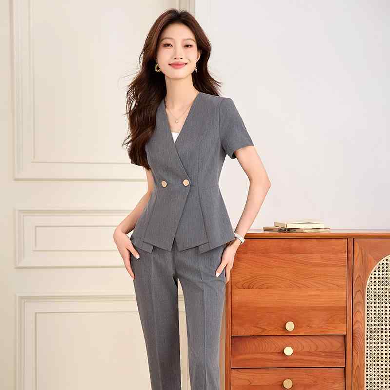 スーツ レディース 半袖ジャケット パンツorスカート セットアップ ポリエステル 4S店 美容師 制服 フォーマル 事務服 オフィスタイル 上品 きれいめ グレー ネイビー ブラック S M L XL 2XL 3XL 4XL