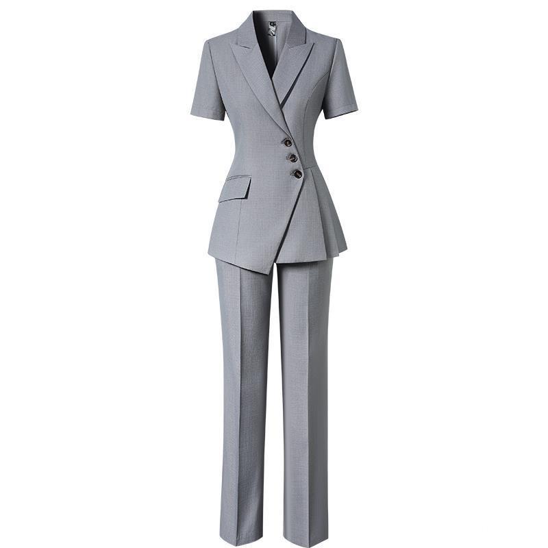 スーツ レディース 半袖 薄手 ホテル マネージャー オフィス 制服 ジュエリーショップ 仕事着 グレー カーキ ネイビー ポリエステル 無地 9分丈パンツ スカート 上下セット 春夏