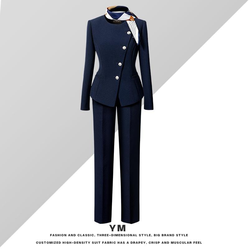 スーツ レディース 春秋 オフィス 受付 接客 制服 紺色 テーラード ジャケット 長袖 パンツ スカート ポリエステル｜ブリルビ