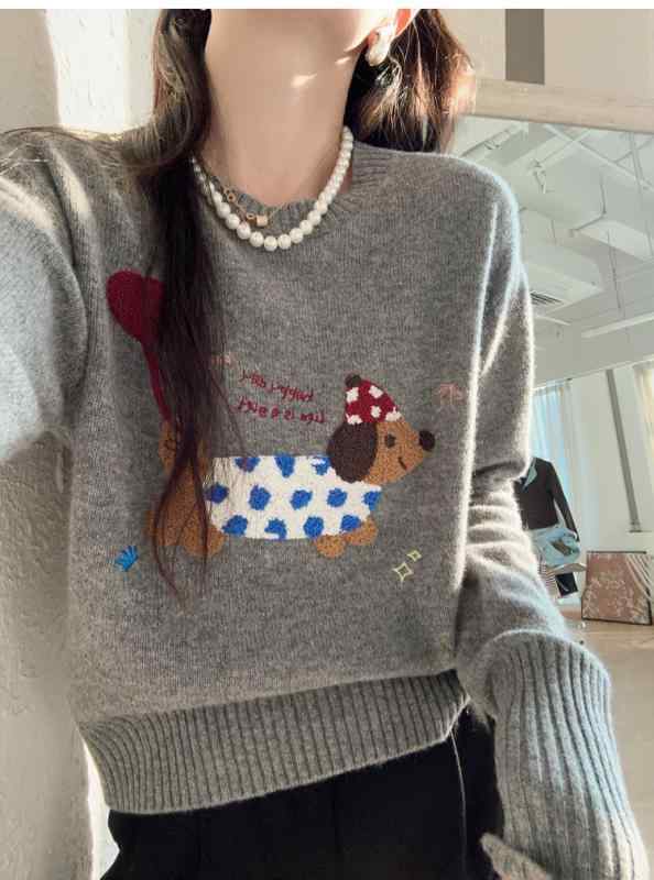 ニット レディース かわいい ダックスフント ドット柄 犬 アップリケ ウール 羊毛 セーター プルオーバー ゆったり 体型カバー ラウンドネック 長袖 トップス 秋冬(x2)|ブリルビ