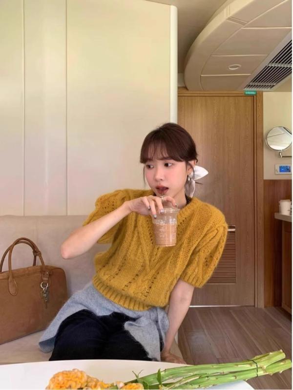 編み物 レディース 韓国 レトロ 透かし編み 鉤針編み パフ衣袂 半袖 ティーシャツ トップス アクリル樹脂 ゆったり 愛くるしい 象牙色 黄み(x10) レディースファッション-その他