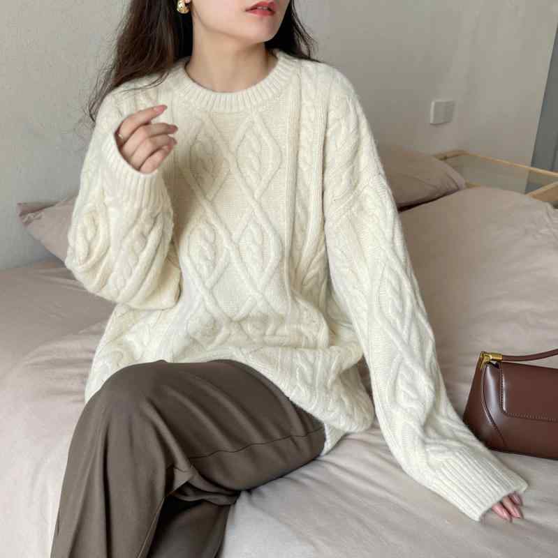 ニット レディース ラウンドネック ケーブル編み セーター 秋冬 ゆったり 普段使い トップス 長袖 ポリエステル アクリル イエロー ブルー アイボリー レッド ピンク系(x2)