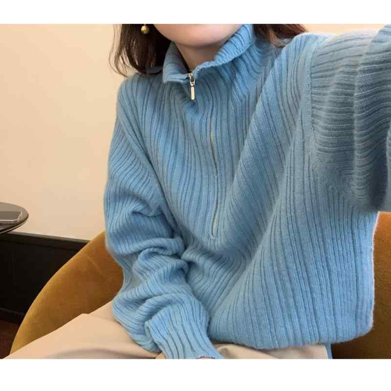 編み物 レディース 韓国 ハーフジップ 肋材編み タートルネック ティーシャツ トップス 青色 薄墨色 ナイロン 秋冬(x2) セーター-ニット・セーター-トップス