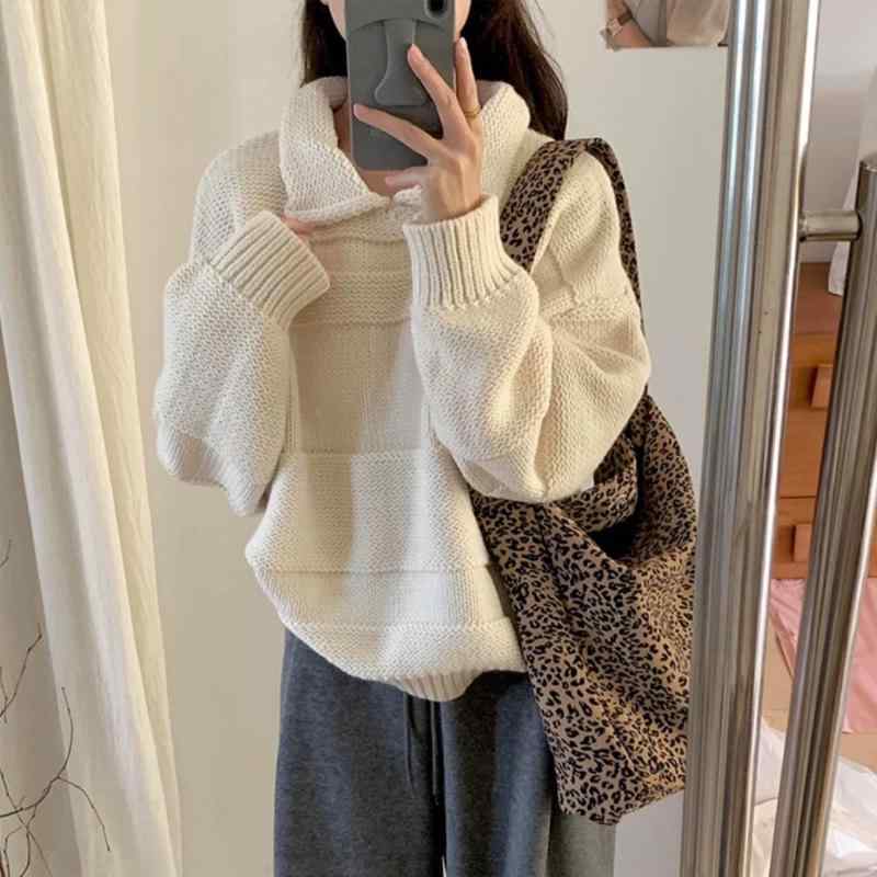 編み物 レディース 襟付き添い人 間借り人柄 ティーシャツ ゆったり 長袖 トップス 並み並み丈 スウェーター 秋冬 あったか 通勤着 普段使い走り 伸び伸びする 御召しもの(x2)