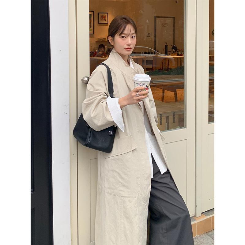 コート レディース 秋物 韓国 カジュアル ゆったり コットン ナイロン ミドル丈 長袖 立襟 快適 杏色 ブラック