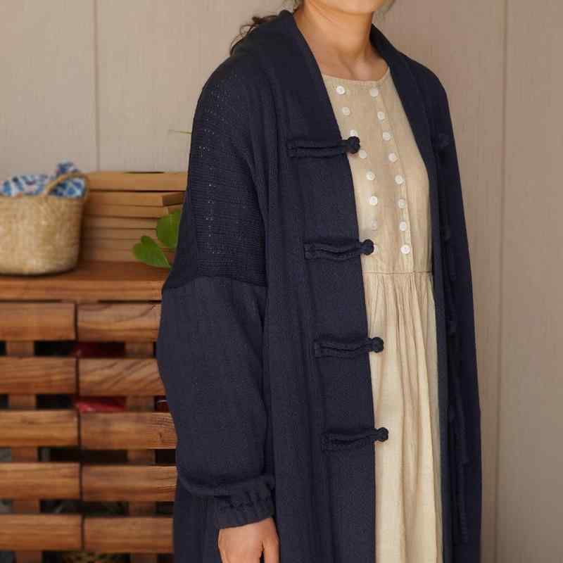 カーディガン レディース 古風 改良型 漢服風 ニット ポンチョ アウター 綿 長袖 無地 ピンク系 レッド 赤 麻色 ネイビー 文芸風 秋冬(x2)