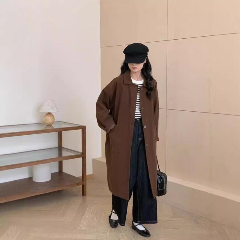 厚地の外套 レディース 韓国 真っただ中丈 綿織物 混紡 襟付き添い人 長袖 無地 ゆったり 普段使い走り カーキ 黒いこと(x2)