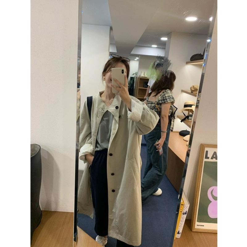 トレンチコート レディース 韓国 ミドル丈 ナイロン 無地 ゆったり 襟付き ベージュ ドロップショルダー 秋(x2)|ブリルビ