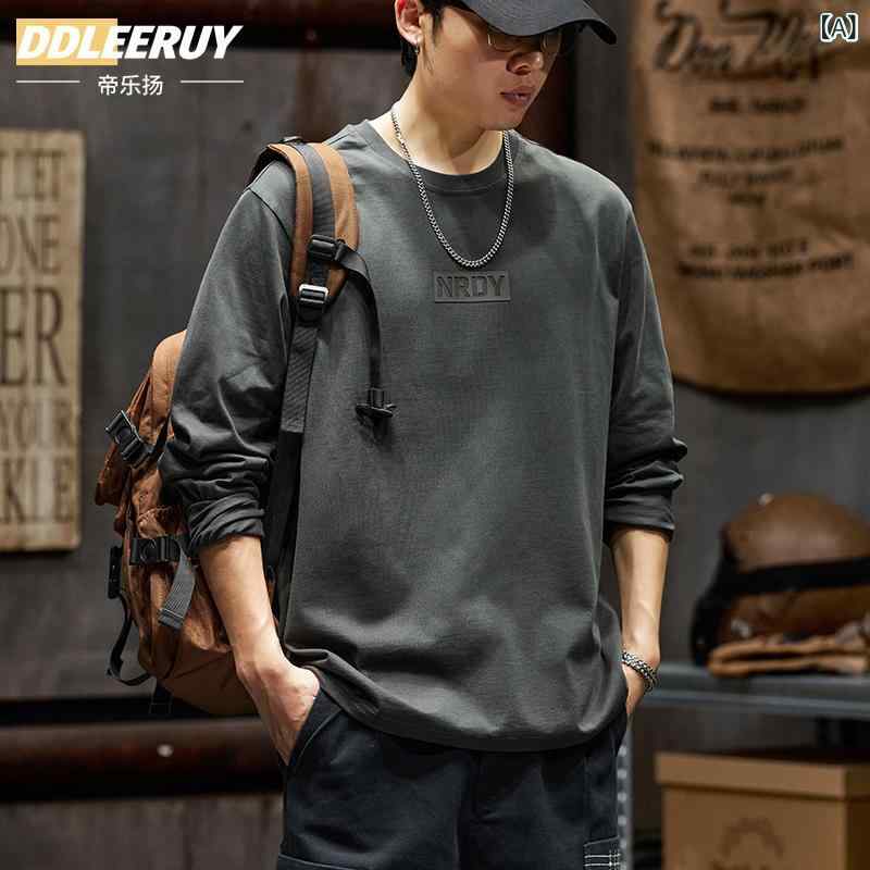 Tシャツ メンズ 男性用 長袖 薄手 ラウンドネック プリント 接触冷感 吸湿速乾 トップス カットソー 部屋着 普段使い 春夏 ダークグレー カーキ