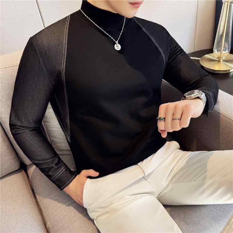 Tシャツ メンズ 男性用 カットソー 春秋 中 толстовкаподростки 長袖 トップス コットン デニム 切り替え スリムフィット2