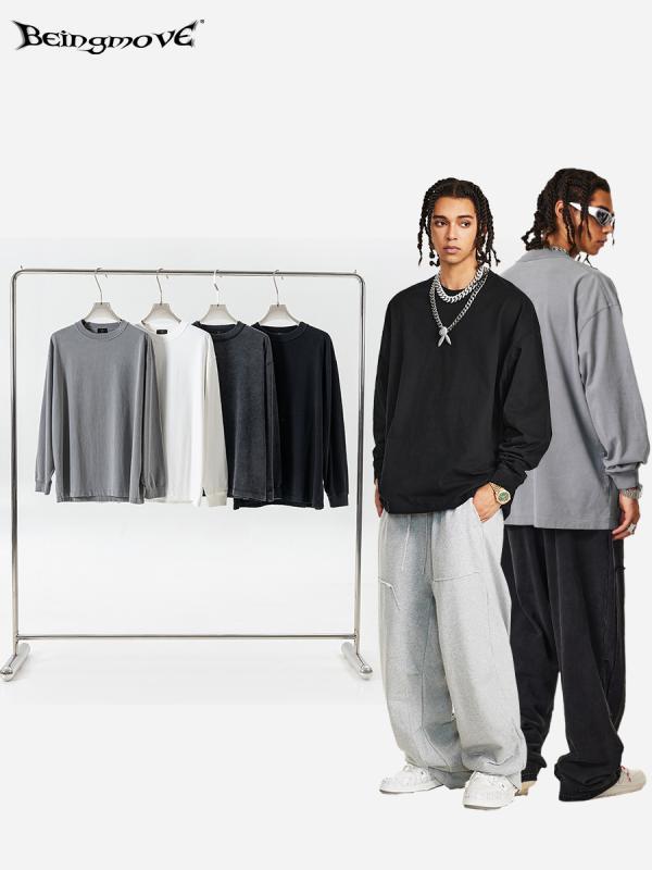 Tシャツ メンズ 男性用 秋冬 大? コットン 長袖 トップス ストリート 水洗い リブ2