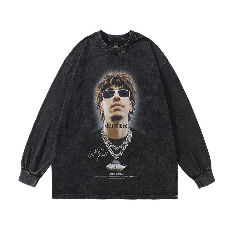 Tシャツ 男性用 トップス 長袖 ラウンドネック コットン 古着風 ウォッシュ加工 プリント 春秋 カジュアル リラックス