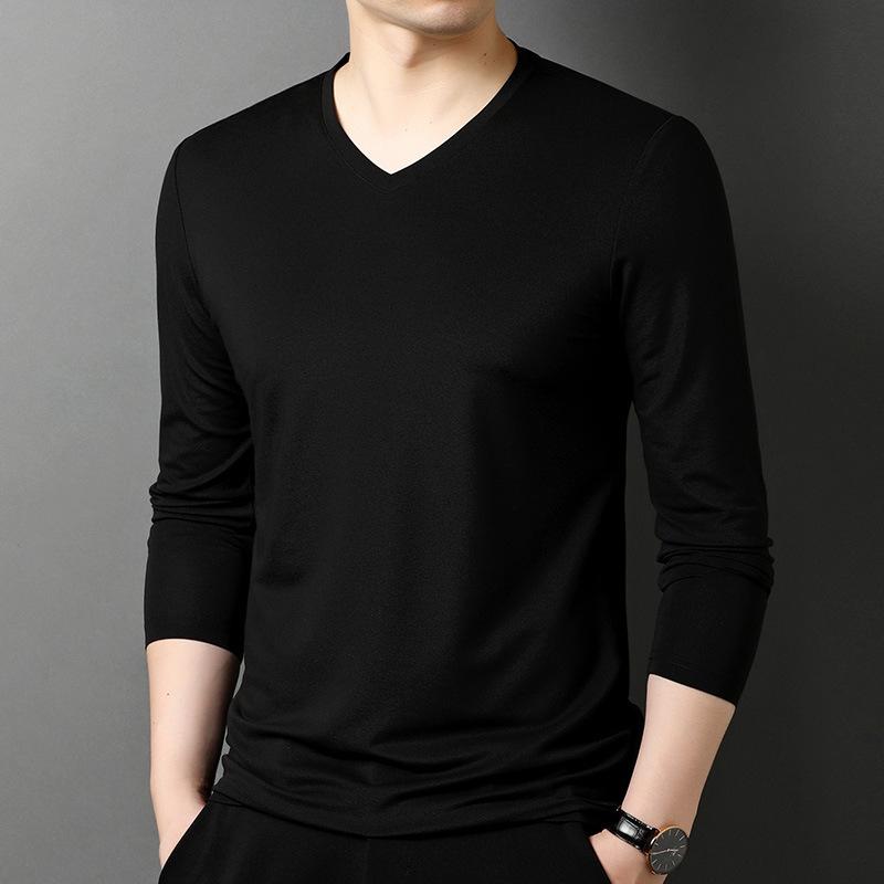 Tシャツ メンズ Vネック 長袖 混紡 無地 トップス カットソー カジュアル 普段使い 春秋 紺 黒 赤 緑 グレー
