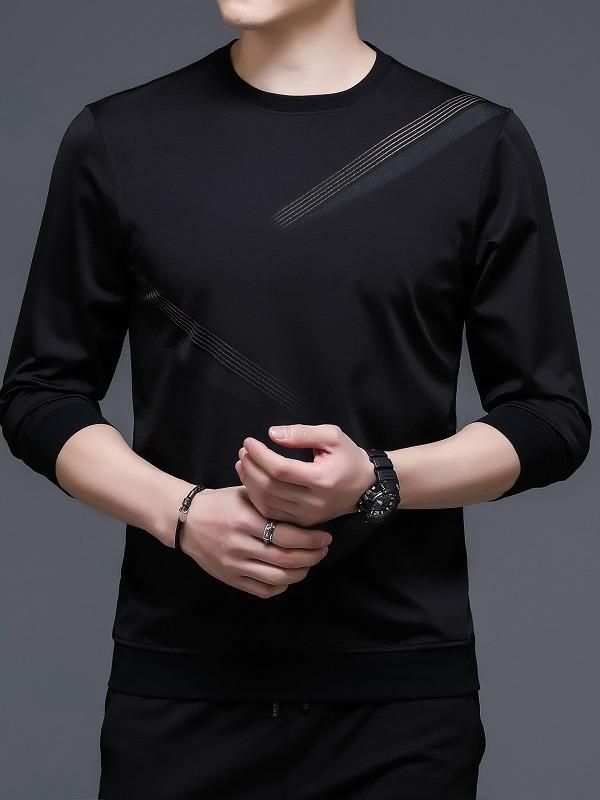 Tシャツ メンズ 男性用 裏起毛 スウェット 秋冬 長袖 カットソー トップス ストライプ柄 あったか インナー 部屋着 普段使い コットン