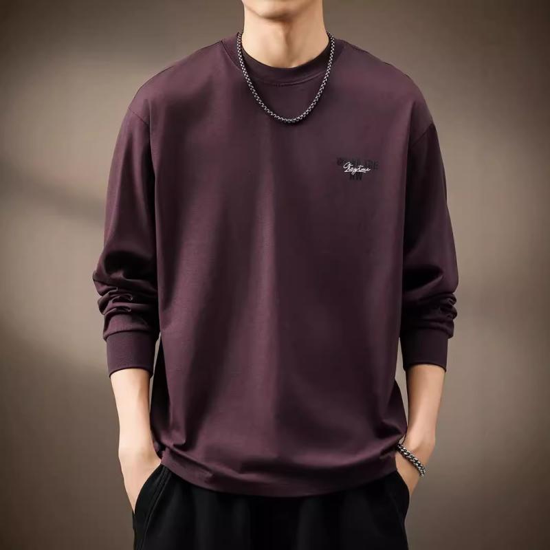 Tシャツ 男性用 長袖 コットン プリント 紫色 パープル 深灰 グレー ラウンドネック ?松 ゆったりめ 春秋 カジュアル 普段使い