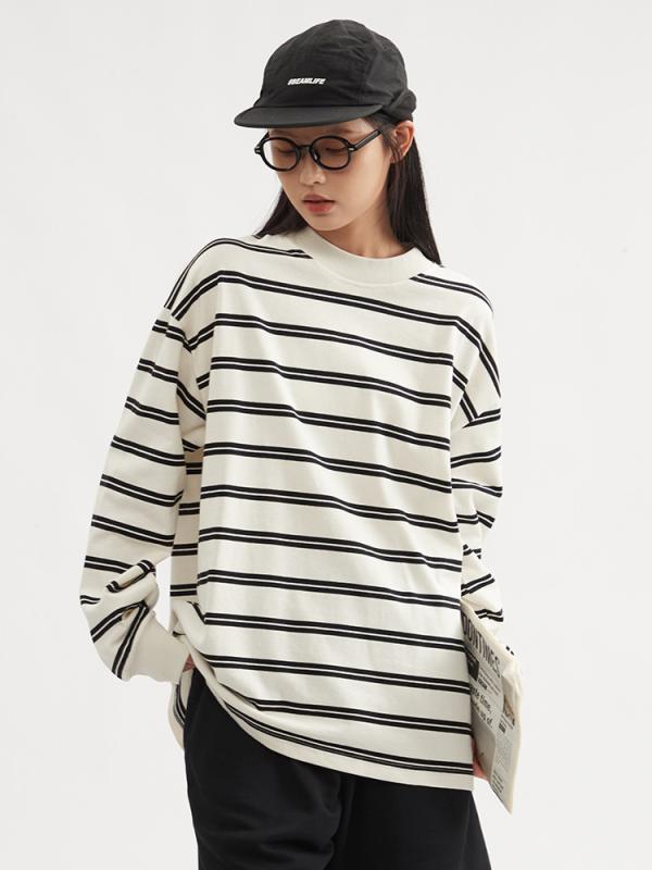 Tシャツ メンズ 男性用 ストライプ トップス 長袖 カットソー ラウンドネック プルオーバー ゆったり 綿 カジュアル スタイル 普段使い