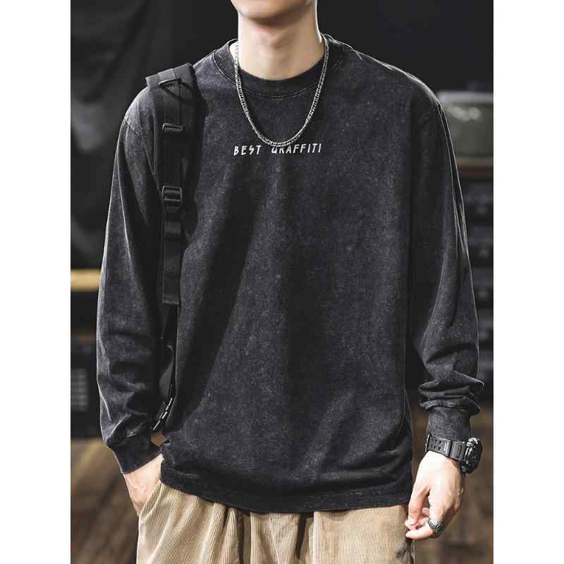 Tシャツ メンズ 男性用 長袖 厚手 綿 ビッグシルエット ラウンドネック トレーナー 砂洗 レトロ プリント コーヒー色 秋