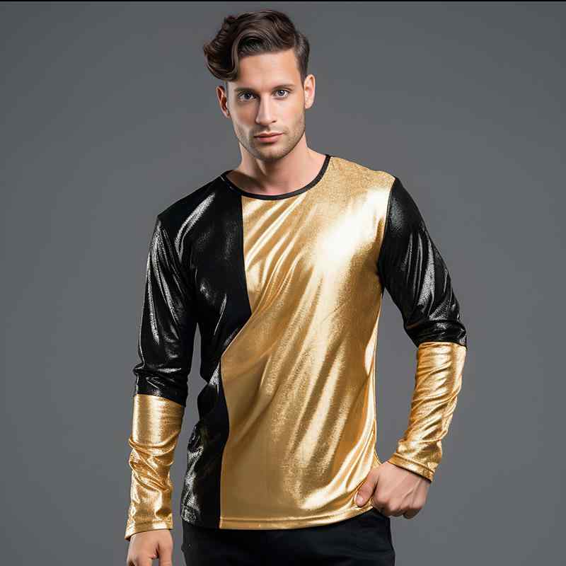 Tシャツ メンズ 男性用 長袖 トップス 配色 ポリエステル 繊維 ルーズ 薄手 春秋冬 シルバー ゴールド ナイトクラブ パーティー