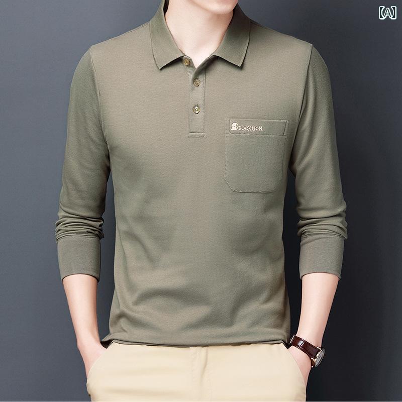 Tシャツ メンズ 男性用 長袖 コットン 普段使い 部屋着 トップス カットソー 襟付き 無地 春秋 カーキ グレー グリーン ブラック 紺色 ワインレッド