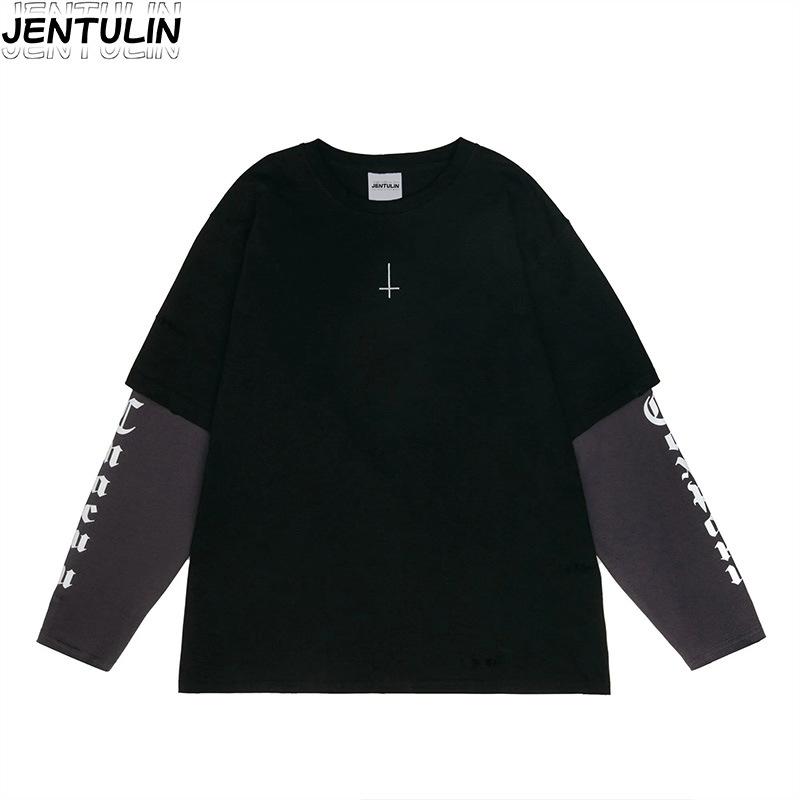Tシャツ 男性用 長袖 グレー コットン トップス プリント 刺しゅう ラウンドネック ドッキング風 カジュアル 普段使い