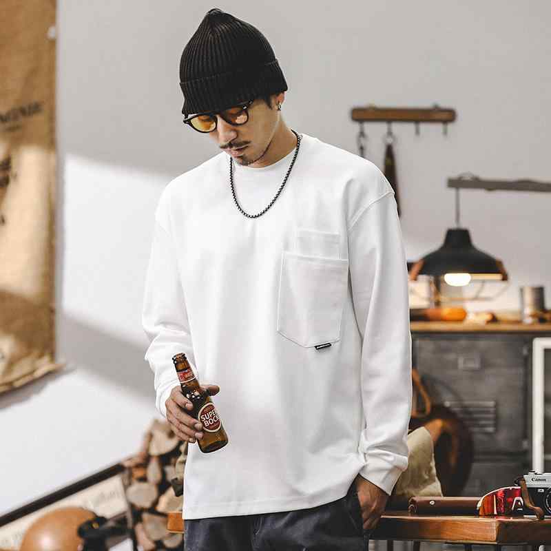 Tシャツ メンズ 男性用 長袖 秋物 アメカジ トップス カットソー 綿 ポケット付き ゆったり 厚手 白 黒 グレー