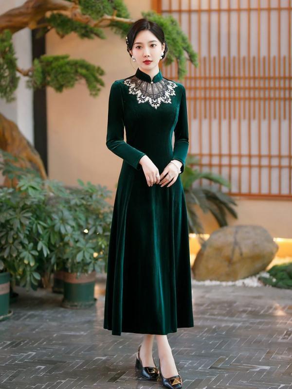 ワンピース レディース ベルベット エレガント チャイナドレス 結婚式 母親 フォーマル 婚活 パーティードレス 普段着 高級感 ??色 黒色 膝丈 ロングワンピース
