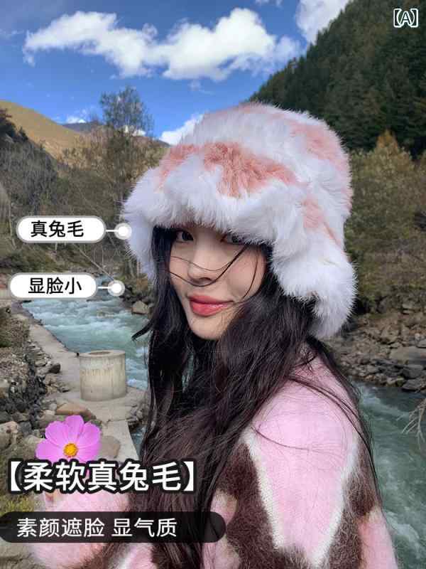 帽子 レディース 秋冬 バケットハット 暖かい 防寒 兔毛 あったか ニット帽 大頭 小顔効果 かわいい おしゃれ ピンク系 ベージュ(x2)