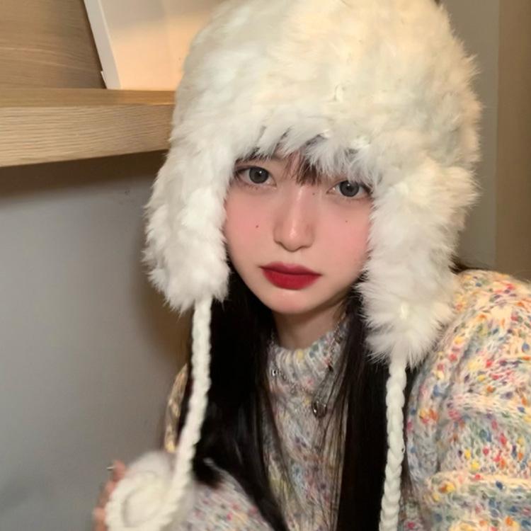 帽子 レディース 秋冬 防寒 保温 暖かい 小顔効果 韓国風 ウサギ フェイクファー 雷鋒帽 ボンボン付き ホワイト グレー ピンク ベージュ カーキ2