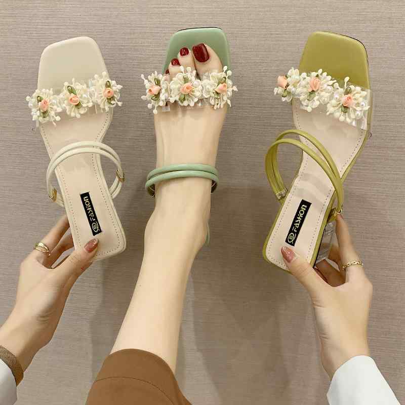 サンダル レディース 韓国風 ファッション 花柄 ハイヒール ローマサンダル 人工PU 5cm 春夏2