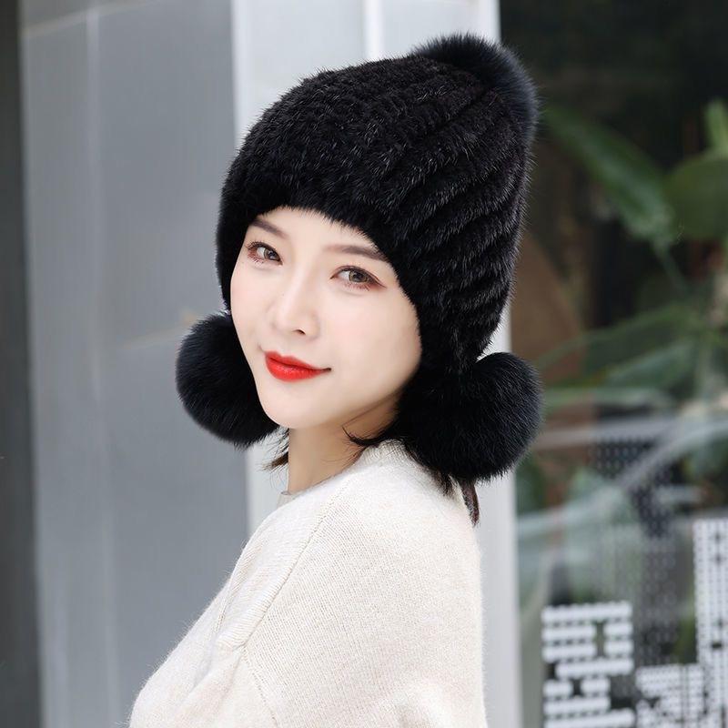 ニット帽 レディース 帽子 ミンク ファー ポンポン付き 秋冬 防寒 暖かい かわいい おしゃれ ブラック コーヒー色 ワインレッド ベージュ系 ホワイト