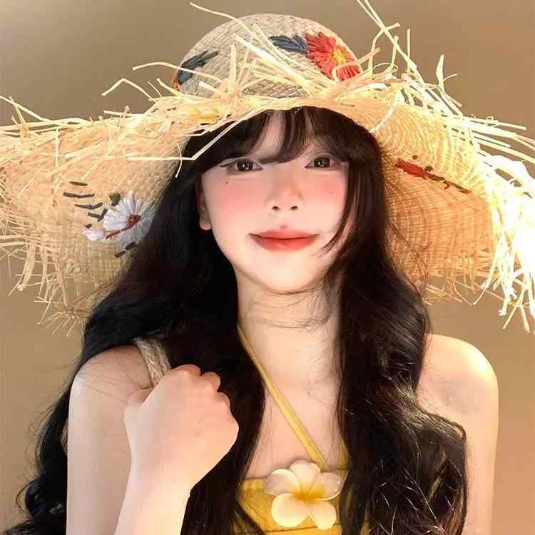 麦わら帽子 レディース サマーハット つば広帽子 紫外線対策 UVカット 日焼け防止 遮光 通気性 ビーチ リゾート 海 旅行 春夏 ラフィア草 花柄 M 56-58cm2
