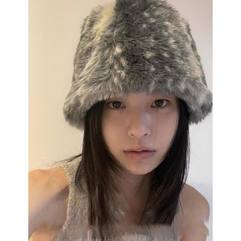 帽子 レディース 秋冬 保温性 フェイクファー バケットハット 漁師帽 防寒 灰色 カーキ色 56-58cm ins かわいい2